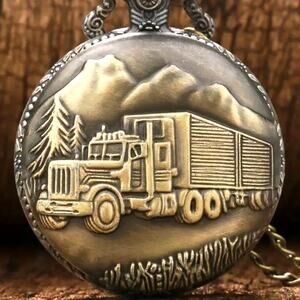 Trucker Semi Truck Pocket Watch Gold Men's Christmas Birthday Anniversary Gift